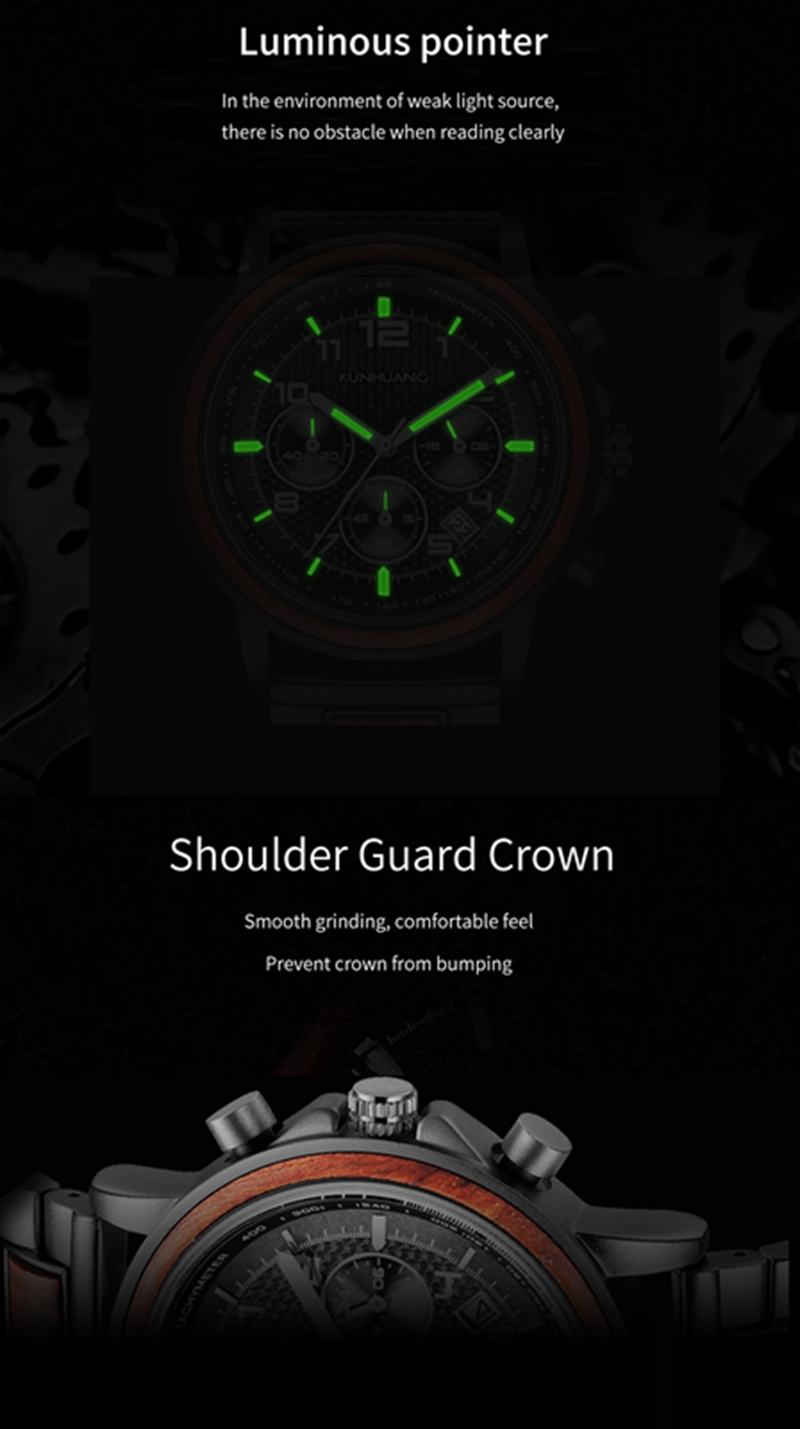 Kunhuang New Men's Calendar Watch Alloy Wood Waterproof Fashion Watch Independent Hot Sale Gift Chronograph Stop Watches