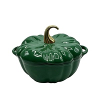 Cocotte en fonte émaillée verte en forme de citrouille avec bouton doré, antiadhésive, pour cuisson domestique, compatible induction et four