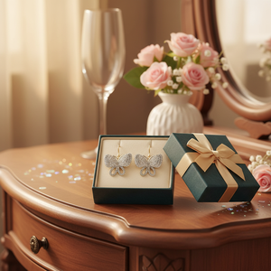 Orecchini a farfalla con amo da pesca placcati oro con diamante a forma di cuore CZ & perla per regalo - Product Image 3