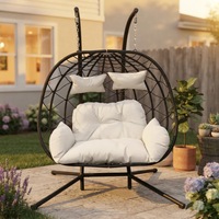 2026 Fauteuil suspendu d'extérieur moderne en rotin PE, double, en forme d'œuf, avec support en acier et coussin imperméable