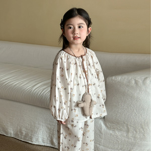 Mädchen-Schlafanzug aus reiner Baumwolle, A-Linie, Blumenmuster, für Kinder, Neu, Frühling Herbst 2026, Langarm-Set für Babys, Mädchen-Homewear - Product Image 4