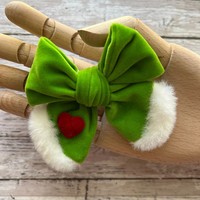 Accessoires de mode pour enfants : Pince à cheveux en velours Grinch vert fluorescent avec nœud en cristal, épingle à cheveux en peluche de Noël, accessoire d'Halloween