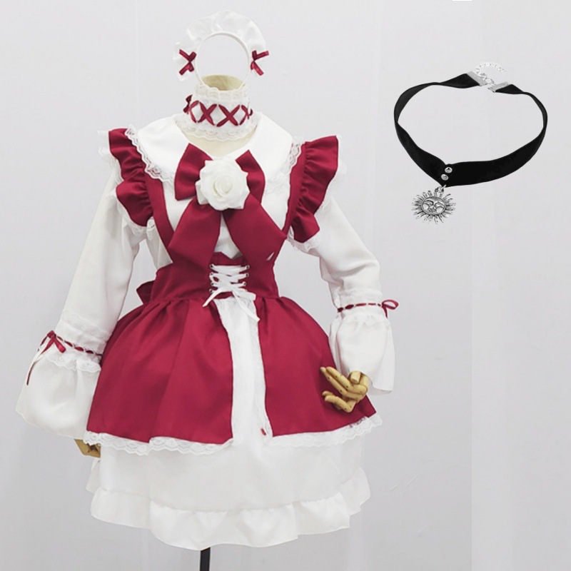 Vestito grembiule fiocco fascia copricapo fiori colletto rosso