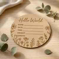 Panneau d'annonce de naissance en bois « Hello World » - Tableau de données de naissance pour nouveau-né de 5 pouces avec gravure florale, accessoire photo pour chambre d'enfant