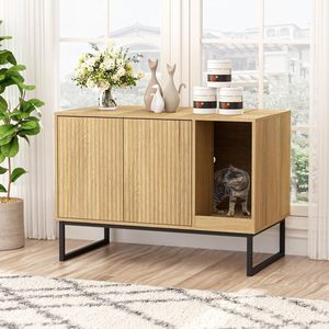 Armario para gatos cerrado moderno, caja de arena oculta para gatos estriada, muebles con almohadilla para rascar, patas de metal, camas para mascotas - Product Image 1