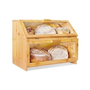 Boîte à pain en bambou à double compartiment, rangement en bois pour cuisine, présentoir à pain couleur naturelle - Product Image 1