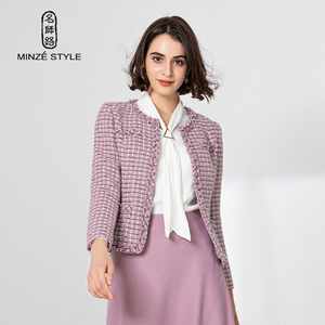MINZESTYLE <span class=keywords><strong>Blazer</strong></span> Elegante da <span class=keywords><strong>Donna</strong></span> Autunno/Inverno Primavera in <span class=keywords><strong>Tweed</strong></span> a Quadri con Maniche Lunghe e Bordi Grezzi - Product Image 1