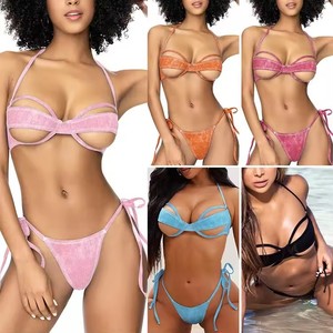 Nouveau style de maillot de bain pour femme, ensemble bikini croisé à dos nu, couleur unie, bas string, extensible, en Spandex et Nylon, mélange aléatoire - Product Image 1