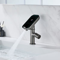 Robinet de lavabo gris à affichage numérique, design moderne et tendance, durable, anti-corrosion, à poignée unique avec étagère de rangement