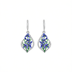 Orecchini pendenti in oro bianco E3478 con design floreale blu per donna, gioielli da festa, stile romantico, lega, cristallo, strass - Product Image 1