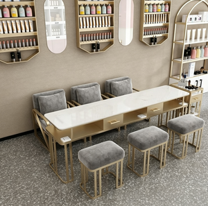 Mesa de Manicura Moderna con Cubierta de Vidrio, Banco de Manicura de Metal Dorado, Muebles para Salón - Product Image 1