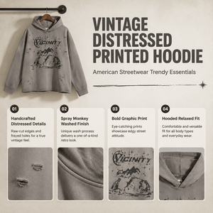 Vintage <b>Distressed</b> Hoodie Men Graphic Print Pullover Raw Edge Loose Fit Streetwear Cotton Blend Wholesale Supplier OEM <b>Top</b> - Product Image 4