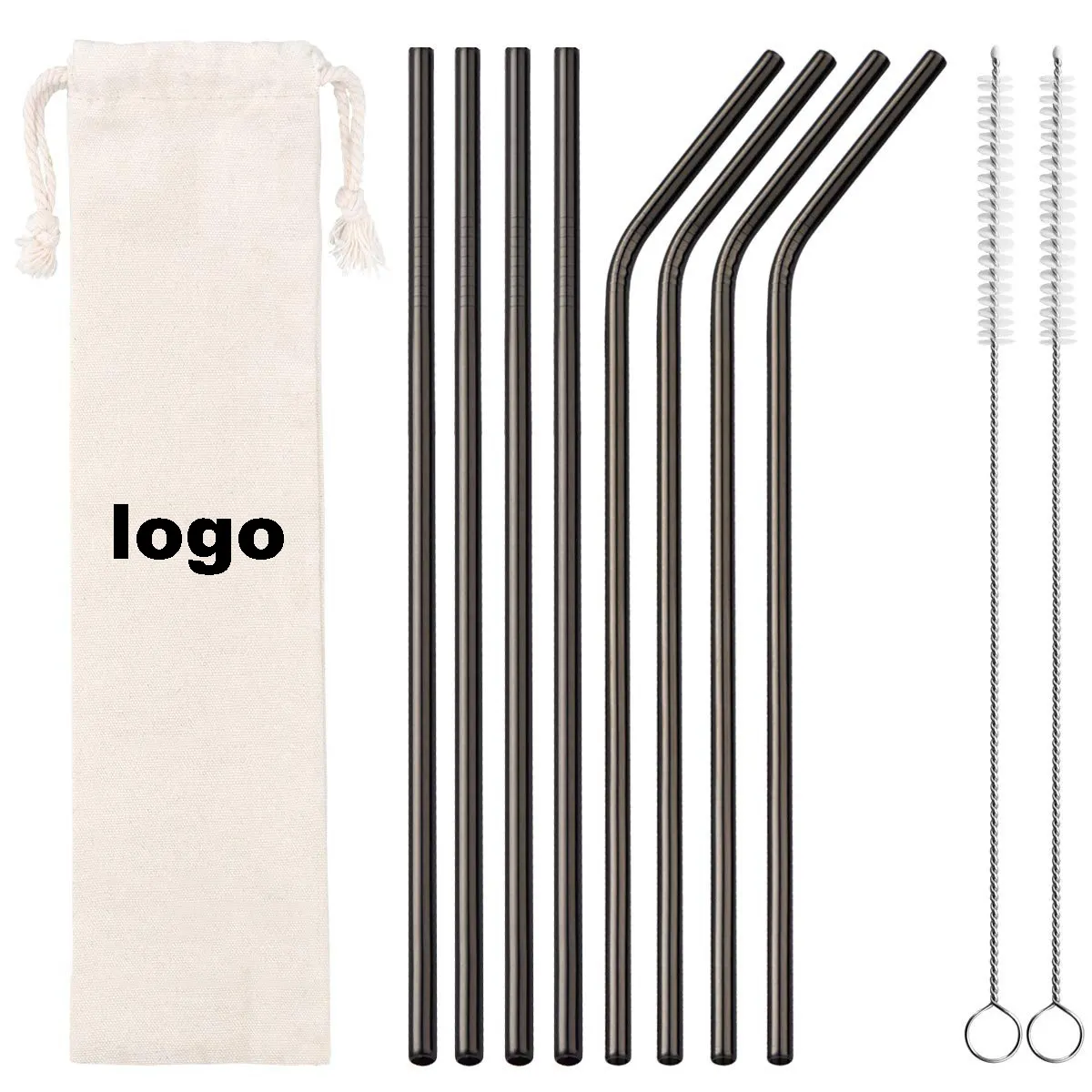 Eco-friendly Reusable Metal Drinking Straws Set With Bag Customized Logo 304 Stainless Steel Straw Set Bag Package