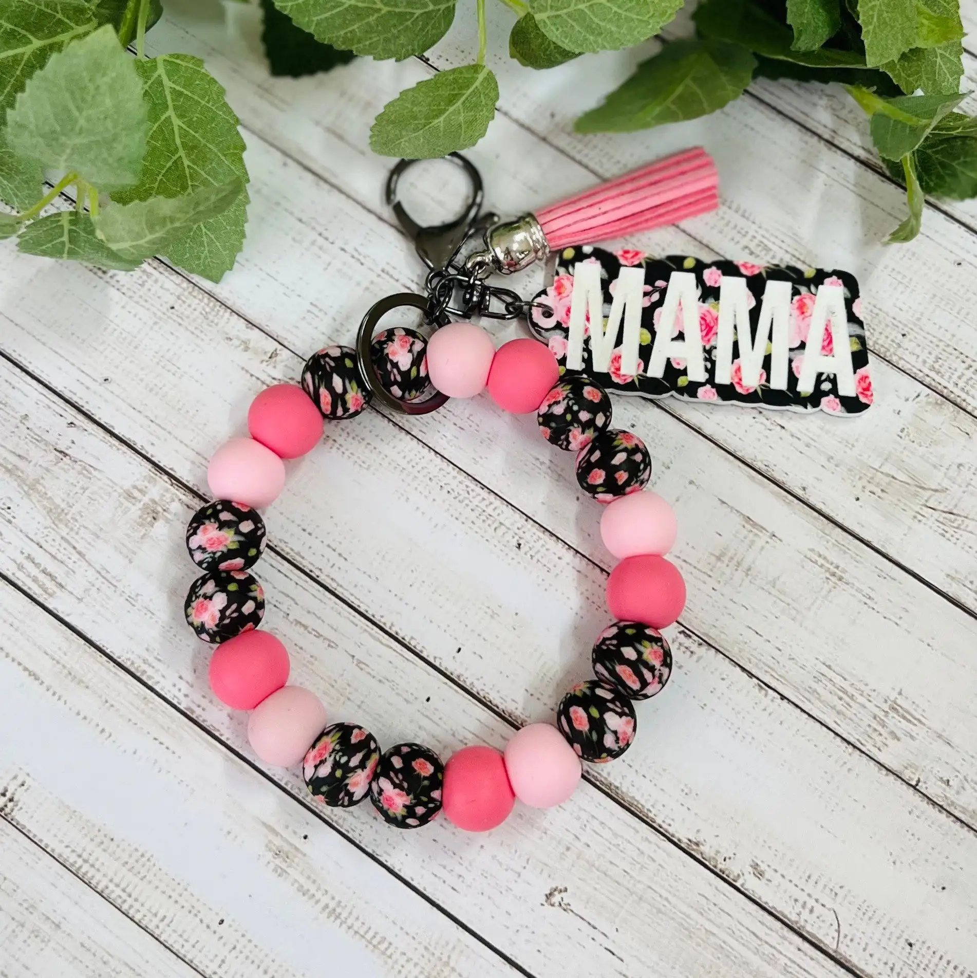 Bracelet de perles florales roses et noires Bracelet Mama Bracelet Cadeau Porte-clés avec pompon