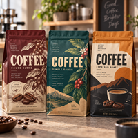 Sacs d'emballage pour café personnalisés, pochette à huit soudures latérales avec valve à fermeture éclair, résistants à l'humidité, mats, de qualité alimentaire, pour l'emballage des grains de café