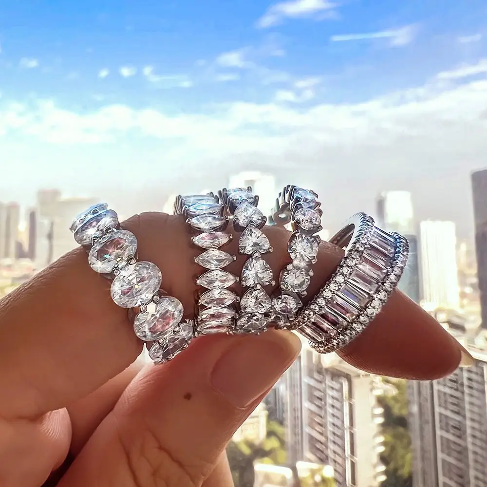 Fine Jewelry Luxury 925 Sterling Silver Pink Heart Shaped zircon rings Shiny Cubic Zirconia Rings For Women