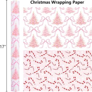Christmas <b>gift</b> wrapping paper with pink Christmas tree and <b>bow</b> pattern double sided printed candy cane customizable - Product Image 2
