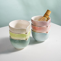 Bol à matcha avec bec verseur et fouet, cuillère optionnelle, ensemble de 4 à 7 pièces, motif fleur rose, bol et support, fouet à matcha, ensemble matcha