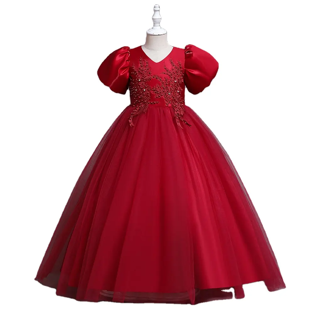 Vestido largo de algodón bordado con cuello en V para niñas, vestido de cumpleaños, 10 años, venta al por mayor