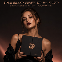 Boîte cadeau haut de gamme personnalisée à double porte pliante, noir mat, avec motif artistique en or rose et fermeture magnétique, pour emballage de bijoux de mariage