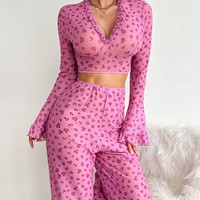 Sexy ademende lingerie set roze doorschijnend lange mouwen V-hals Valentijns nachtkleding voor vrouwen huwelijksreis nacht