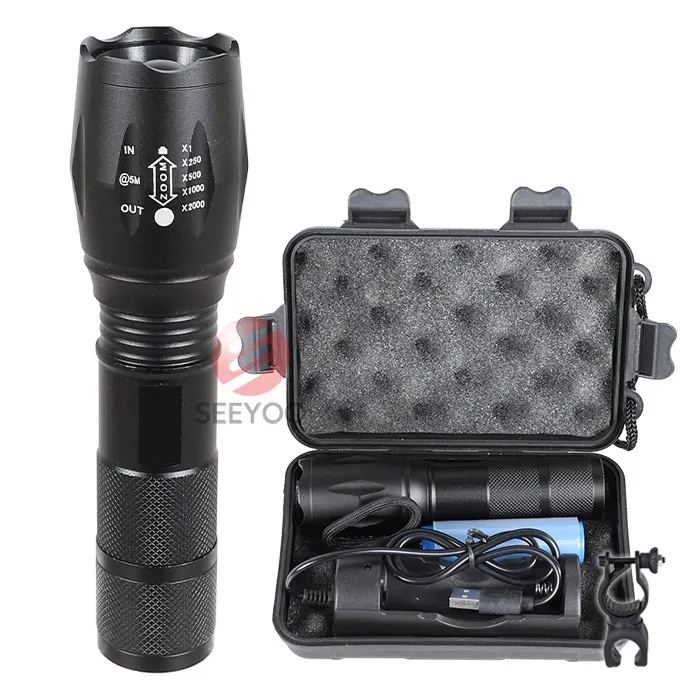 Wholesale High Power T6 Rechargeable Tactical Waterproof Led Flashlight Set With Bicycle light clip, led Torch manufacturers