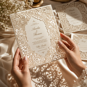 Suite de papeterie de <span class=keywords><strong>mariage</strong></span> en papier découpé au laser sur mesure, avec <span class=keywords><strong>dentelle</strong></span>, dorure à chaud, couleur ivoire, pour invitations, menus et marque-places, pour papeterie de mariée de haute couture, faible MOQ - Product Image 4