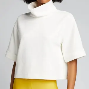 Yüksek kaliteli pamuk kırpma üst bayanlar T Shirt özel tişört bayan kırpılmış T Shirt Mock boyun beyaz T Shirt