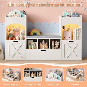 Étagère à livres pour enfants, coin lecture, rangement pour jouets, étagère de rangement avec coussin de siège, lumières LED et tiroirs mobiles pour salle de jeux - Product Image 3