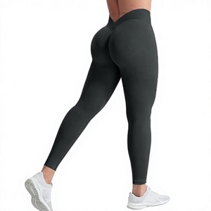 Leggings de yoga taille haute sans couture, longueur intégrale, froncés pour un effet push-up, en Spandex Nylon noir, avec taille élastique - Product Image 1