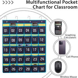 Organizador de pared/puerta plegable de tela no tejida azul con 30 bolsillos numerados para aula, soporte para teléfonos móviles y calculadoras - Product Image 3