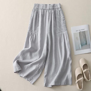 High Waist Cotton Linen Wide Leg Pants With Pockets For Women Casual Spring Summer Style Pink Gray Blue White - Product Image 4