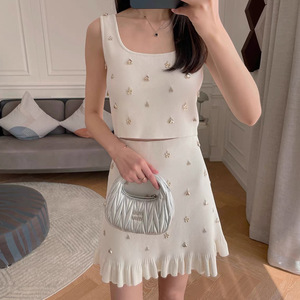 Sandro Dress <span class=keywords><strong>donna</strong></span> primavera/estate Design bianco francese Set due pezzi gilet Sexy senza maniche con gonna a trapezio Set - Product Image 1