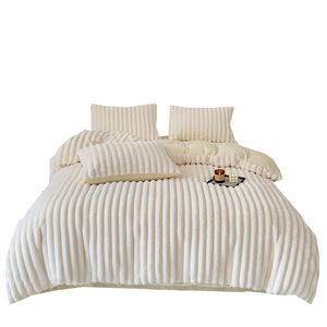 Ensemble de literie en fourrure de lapin épaisse pour l'hiver, quatre pièces, de haute qualité, luxe léger, couleur unie, couvre-lit, drap de lit, en polaire corail, simple - Product Image 2