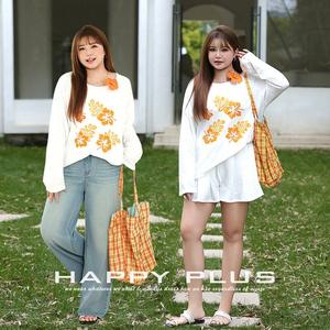 เสื้อยืดแขนยาวพิมพ์ลายทรอปิคอลทรงหลวมสีขาว ไซส์พลัส เนื้อผ้าถักระบายอากาศได้ดี เสื้อลำลองสำหรับผู้หญิง - Product Image 1