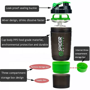 Bouteille <span class=keywords><strong>shaker</strong></span> protéinée 500 ml avec logo gratuit, gobelet mélangeur en plastique pour poudre et eau, idéal pour la musculation, avec 3 compartiments - Product Image 6