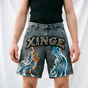 กางเกงยีนส์ขาสั้นทรงหลวมประดับคริสตัลสไตล์เรโทรสีดำฟอก  งานคุณภาพระดับไฮเอนด์ พิมพ์ลายสำหรับงานปาร์ตี้ กางเกงยีนส์ขาสั้นผู้ชาย - Product Image 1