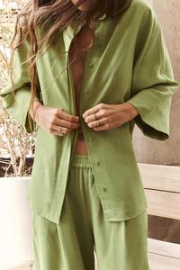 Primavera Casual donna adulta ampia Oversize comoda camicia con bottone a maniche lunghe e <span class=keywords><strong>pantaloni</strong></span> larghi Set camicia di <span class=keywords><strong>lino</strong></span> verde - Product Image 2