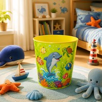 Poubelle ronde personnalisée en PP écologique avec impression 3D de dessins animés, résistante aux chutes pour enfants