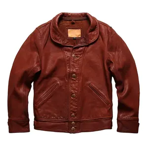 Customized Einstein Men's Apple Collar Burgundy Oil Waxed Goatskin Genuine Leather Jacket For Men