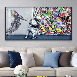Pittura su porcellana <span class=keywords><strong>di</strong></span> cristallo Pop art dietro la tenda e aeroplano <span class=keywords><strong>di</strong></span> carta stampe su tela <span class=keywords><strong>Banksy</strong></span> Graffiti Wall Art per la decorazione domestica - Product Image 3
