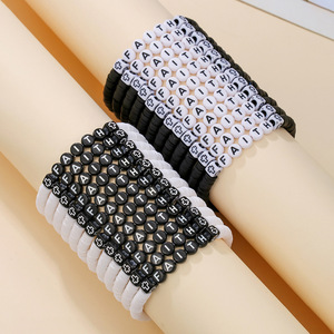 Faith Letter Beaded <b>Bracelet</b> Black <b>White</b> Cross Elastic Cord Stackable Jewelry Set Unisex Fashion <b>Bracelets</b> - Product Image 1