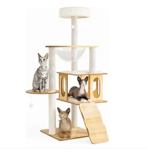 Pohon kucing kayu Modern 48in, pohon menara kayu kucing dengan tiang gores kucing Tinggi tugas berat untuk mendaki