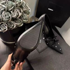 Zapatos de Tacón Alto para Mujer, Elegantes, Estilo Francés, con Lazo, Punta Cuadrada, Negros, con Pedrería, de Una Sola Capa, Tacón de 7-10 cm, de Goma - Product Image 6