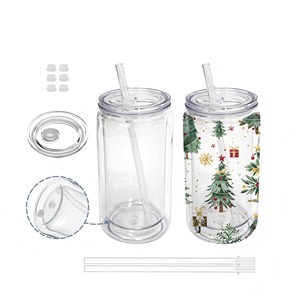 Durable 16 Oz Double Wall <b>Plastic</b> Can with Lid and <b>Straw</b> <b>Plastic</b> Mason Jar Mug for Snow Globe Glitter DIY Gift - Product Image 1