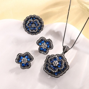 Fashion Eco-friendly Copper Insert Blue Zircon Rose Flower Black Gold Plated Waterproof Clover Jewelry <b>Set</b> for Women Party Wear - Product Image 1