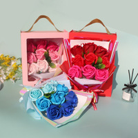 Bouquet de fleurs artificielles en savon rose, boîte cadeau, fenêtre semi-ouverte, 9 roses, cadeau de la Saint-Valentin, cadeau d'anniversaire pour meilleur ami