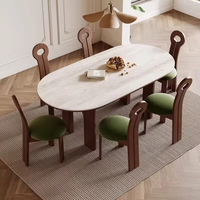 Ensemble de table et de chaises de salle à manger ovale en marbre massif de style moderne du milieu du siècle, 4 à 6 places, meubles de cuisine rustiques, designs en travertin