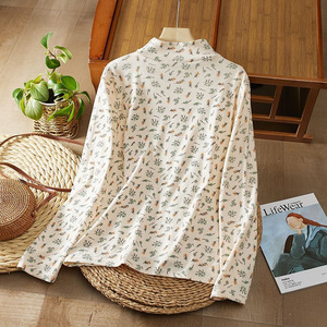 Women's Floral Print Long Sleeve T-Shirt Semi High Neck Slim Fit Warm Base <b>Layer</b> <b>Top</b> Viscose Fiber Soft Knit <b>Top</b> for Autumn - Product Image 3