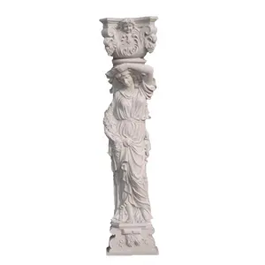 Columna de mármol de Villa Blanca de fabricación de fábrica, esculturas de jardín, columnas de mármol rosa, estatua de columna de dama de mármol tallado